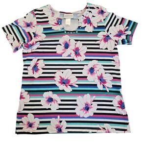 Alfred Dunner Floral Striped Top Women Size S Multicolor Rhinestone Coastal Core